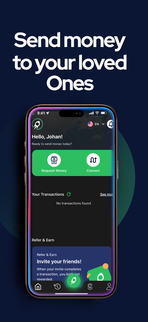 Transfergratis, money transfer - Transfergratis mobile app dashboard showing request money and currency conversion options
