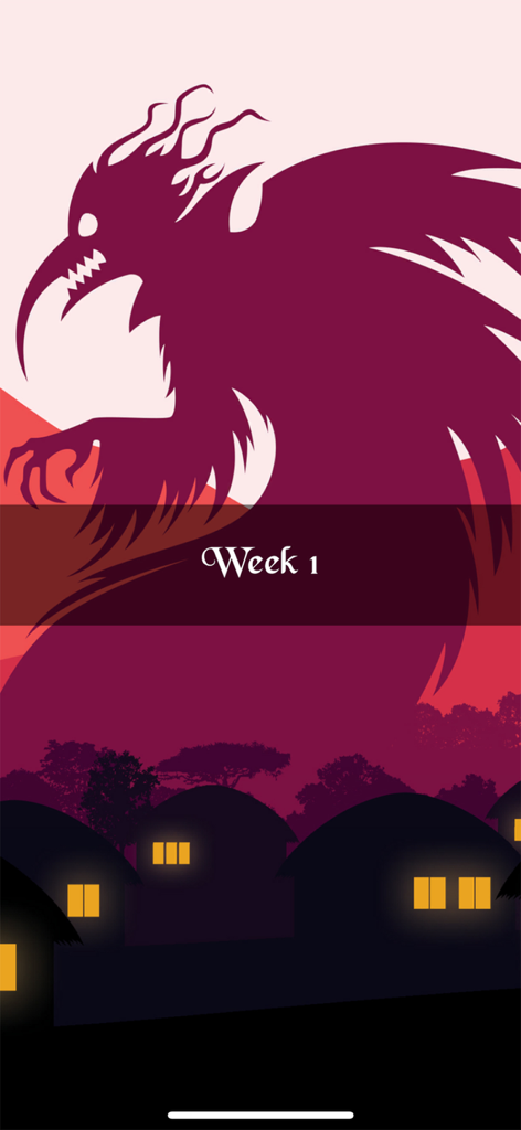 The Reeve - A dark silhouette of a monstrous creature looming over a medieval village at night with the text Week 1