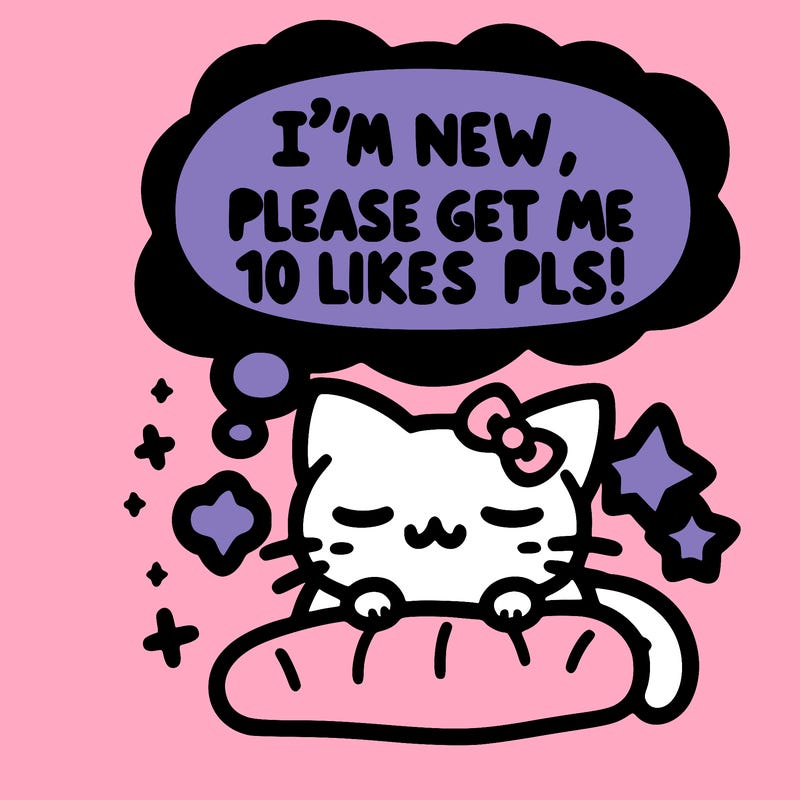 kitty taking a nap dream talking and saying "i'm new, please get me at least 10 likes pls!!"
