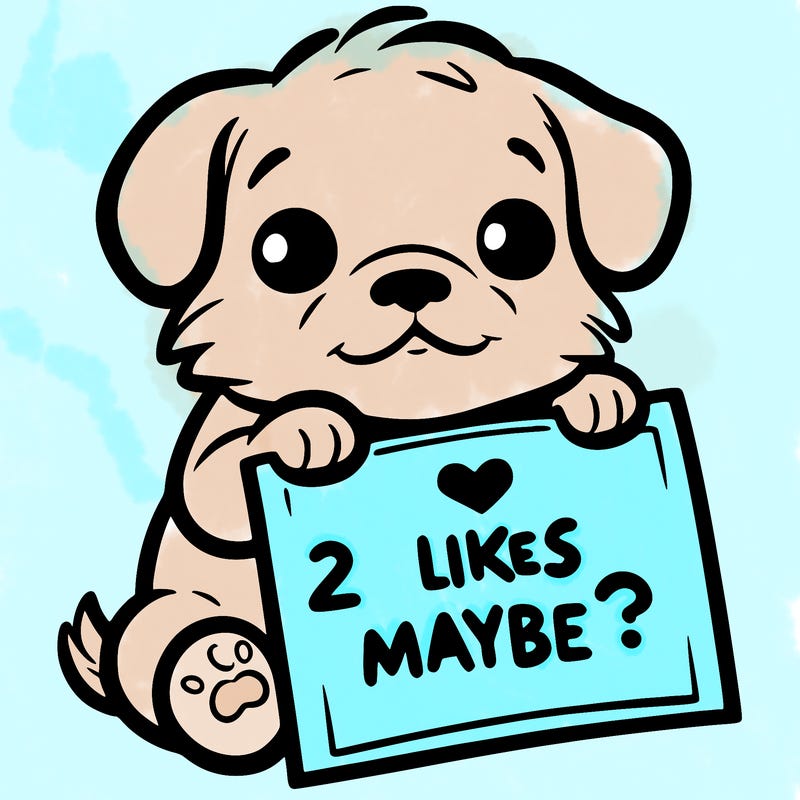 a puppy holding a sign that says 2 likes maybe?