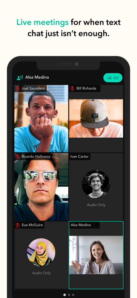 Mobile Oberfläche der Pronto-App, die ein Live-Gruppenvideo-Meeting mit mehreren Teilnehmern zeigt.