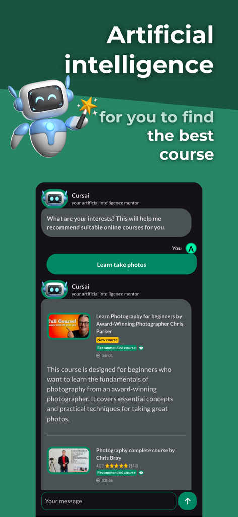 Cursa app AI mentor providing photography course recommendations in a chat interface