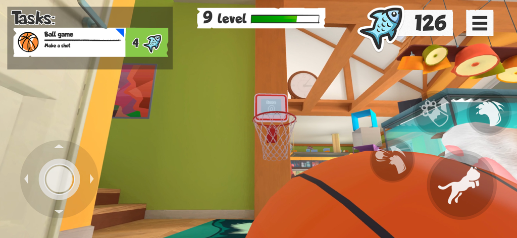 I Am Cat - Gameplay screenshot of I Am Cat showing a basketball task in a domestic setting with on screen controls