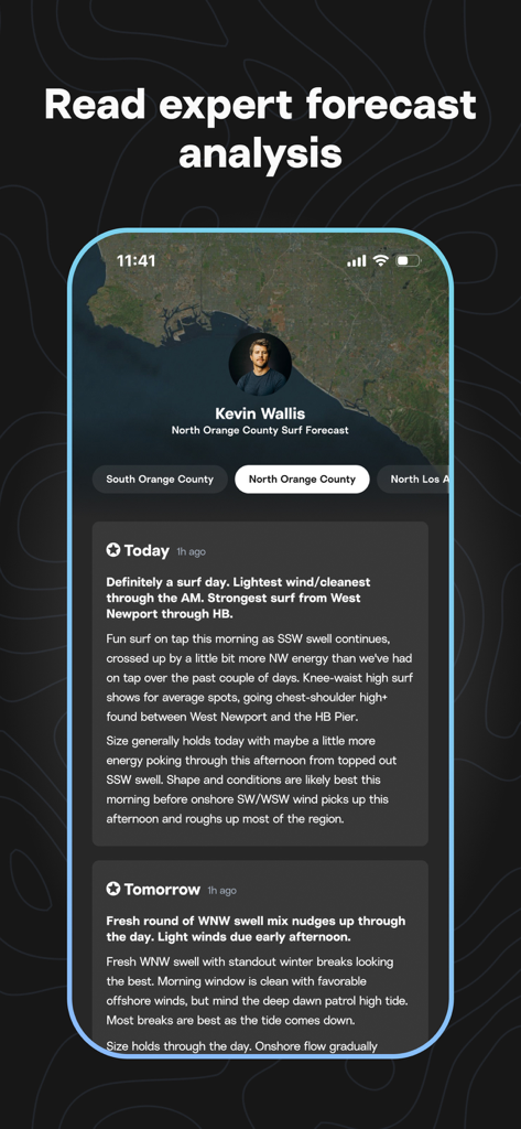 Analyses et prévisions de surf d'experts pour le nord du comté d'Orange dans l'application Surfline