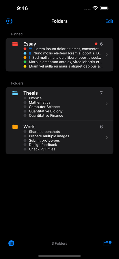 The folders screen of the Large Text Notes app showing organized note categories like Essay and Work in dark mode
