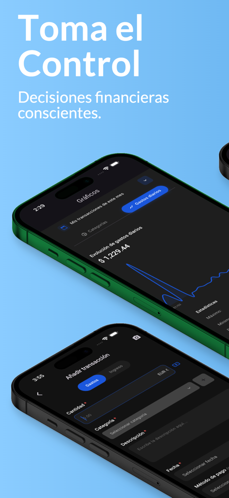 FintixAI - Expense Control IA - Two iPhones displaying FintixAI app interfaces for tracking expenses and viewing financial charts in dark mode