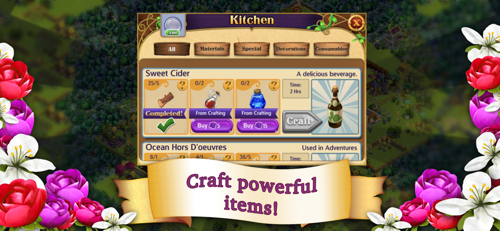 Castle Story™ - Castle Story-Spielbildschirm, der das Küchen-Handwerksmenü zur Herstellung von Süßwein zeigt