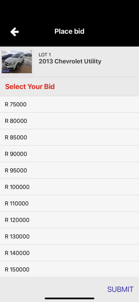 Devco Online - Mobile app interface showing options to place a bid on a 2013 Chevrolet Utility truck