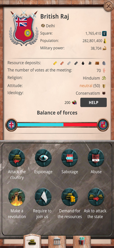 20th c 1 – President Simulator - Strategy game interface showing British Raj country statistics and strategic actions like espionage and sabotage.
