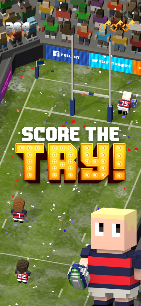 A voxel character celebrating scoring a try in the Blocky Rugby mobile game
