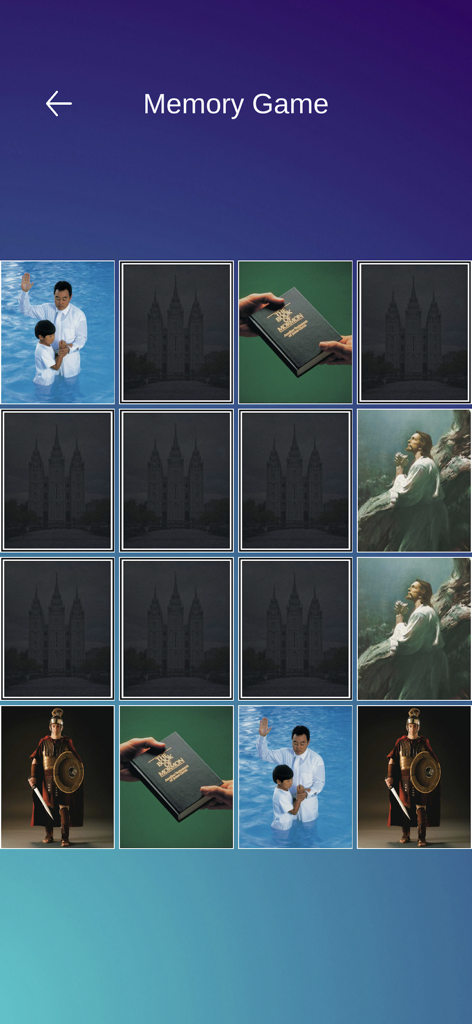 Memory matching game with LDS religious themed cards