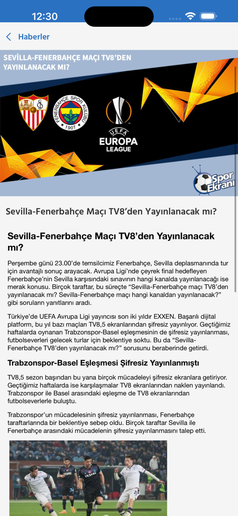 Spor Ekranı - Sports news article in the Spor Ekrani app regarding the Sevilla vs Fenerbahce match broadcast info