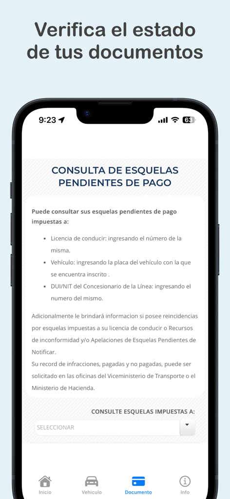 Interfaccia dell'app mobile spagnola che mostra le opzioni per controllare le multe in sospeso e lo stato dei documenti del veicolo.