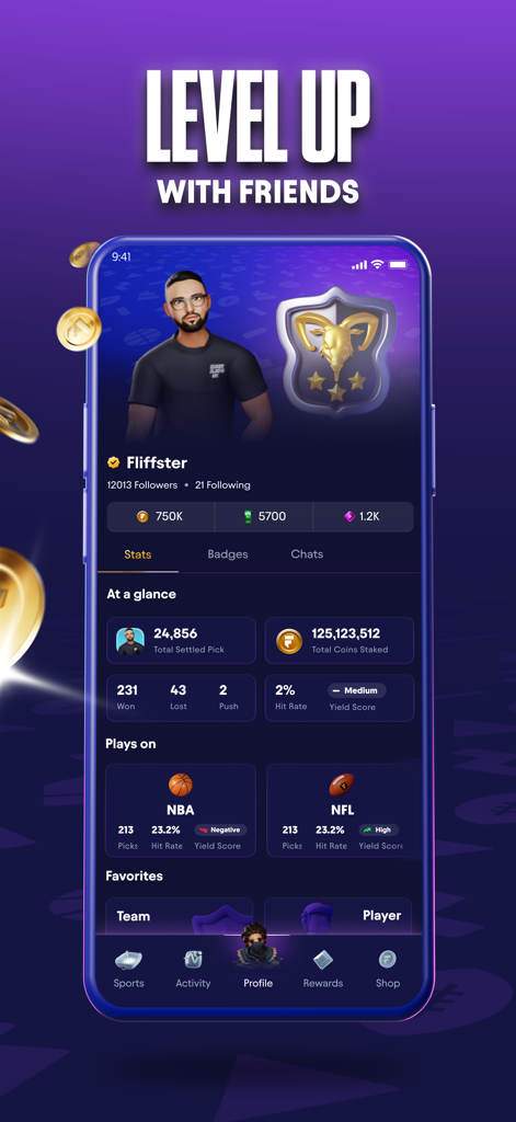 A user profile screen in the Fliff app showing sports pick statistics, followers, and earned rewards for NBA and NFL.