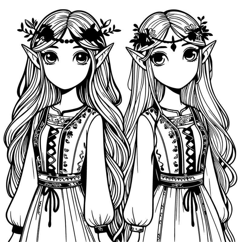 two elf girls, their long hair flowing, delicate, pointed ears twitching. they're decked out in traditional elven clothes, fabrics woven with forest flora patterns. their faces are serene, curious, and reverent