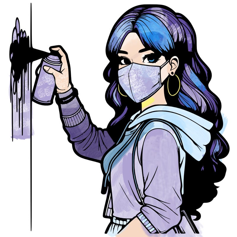 realistic girl with mask spray painting a wall