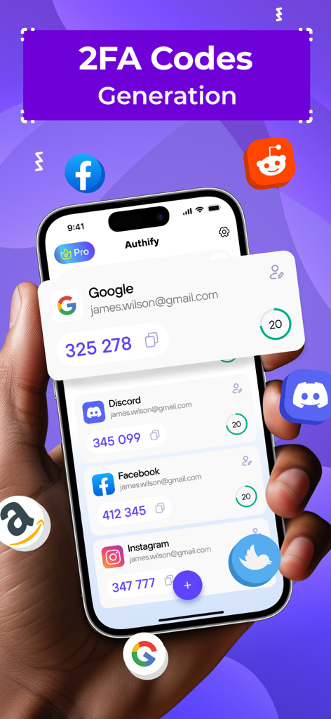 2FAuthify - Authenticator app - Mano sosteniendo un iPhone mostrando la aplicación 2FAuthify generando códigos de autenticación de dos factores para varias cuentas