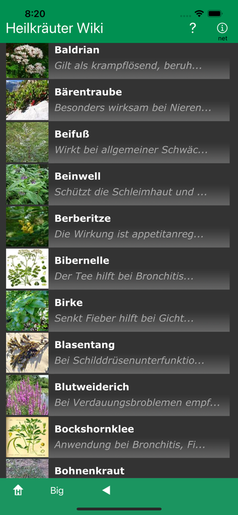 Uma lista de ervas medicinais com imagens e breves descrições no aplicativo Heilkraeuter Wiki