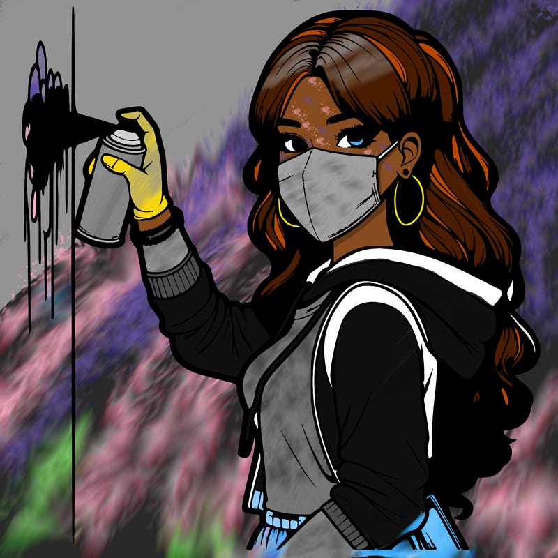 realistic girl with mask spray painting a wall