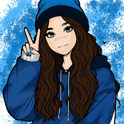 a teenage girl in a beanie, oversized sweatshirt, wavy long hair, and is showing a ✌️