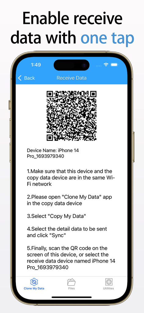 Clone My Data-Sync&Backup Data - QR code screen for receiving data transfers in the Clone My Data app