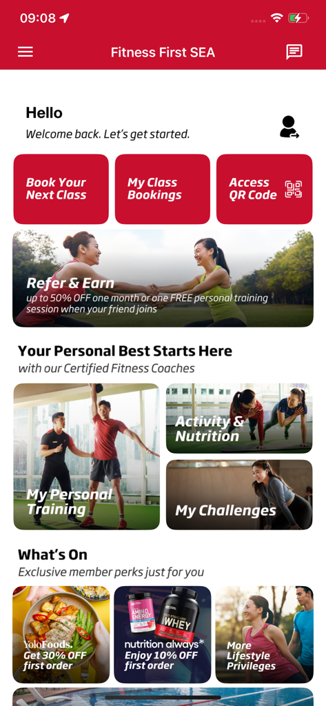 Panel de la aplicación Fitness First SEA con reserva de clases y ventajas para miembros