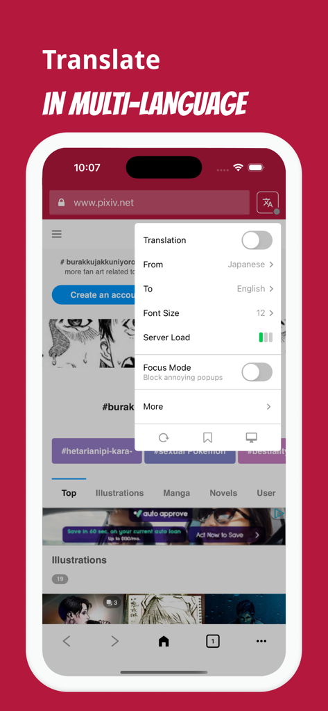 Interface of Manga Translator app showing settings for translating Japanese manga to English on a browser