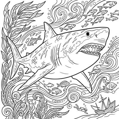 Embark on an exciting underwater journey with this Megalodon coloring page designed specifically for teens. Explore the intricate details of a colossal ancient shark and its vibrant marine world, ready for your creative touch.