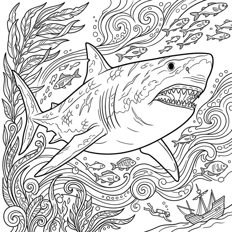 Embark on an exciting underwater journey with this Megalodon coloring page designed specifically for teens. Explore the intricate details of a colossal ancient shark and its vibrant marine world, ready for your creative touch.