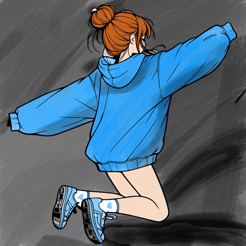 realistic girl jumping with a bun and oversized sweatshirt