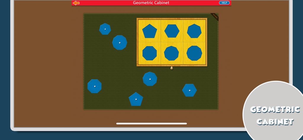 Montessori Math - A geometric shapes sorting activity in the Montessori Math app featuring a wooden tray and blue polygons.