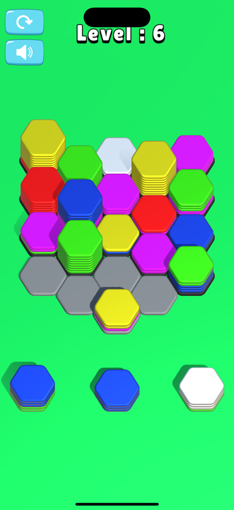 Hexa Sort Game - Hexa Sort Game gameplay showing a grid of colorful stacked hexagons on Level 6