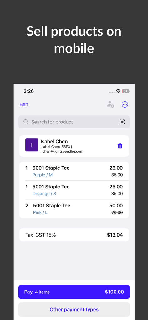 A mobile checkout screen in the Lightspeed Scanner app showing a product list for a customer named Isabel Chen