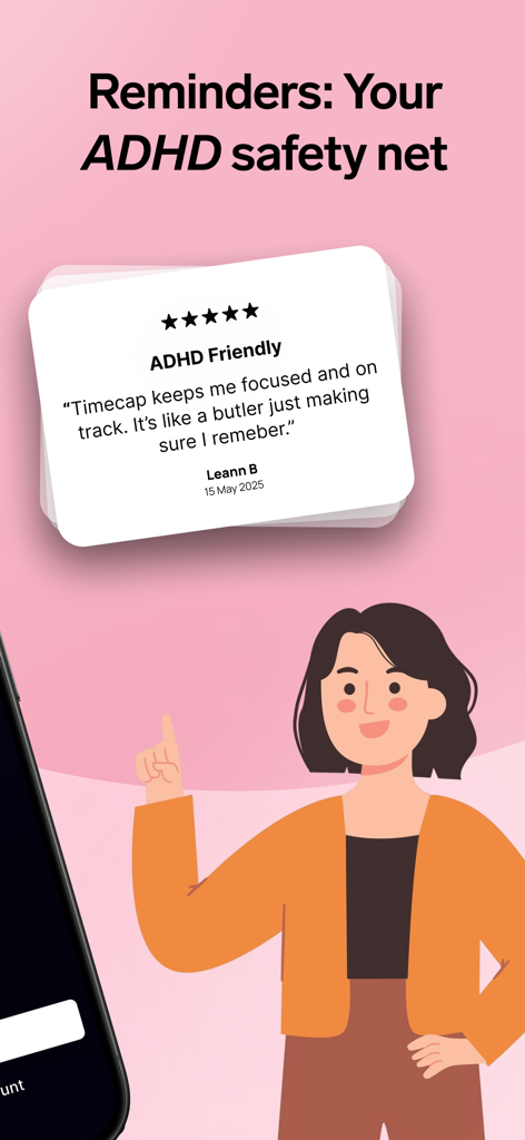 Focus app reminders feature headline with positive user review and woman illustration.