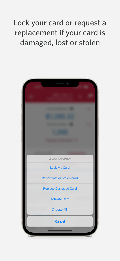 CIBC Mobile Banking app screen with options to lock or replace a card