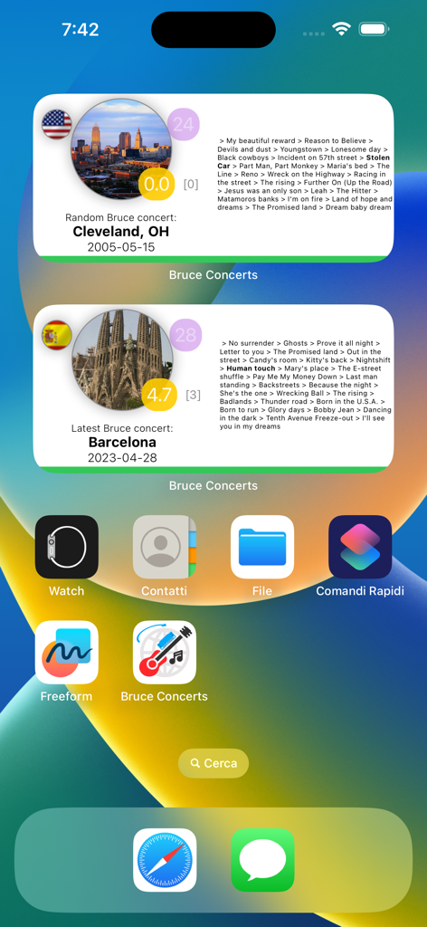 iPhone home screen displaying Bruce Concerts widgets with setlist information from Cleveland and Barcelona