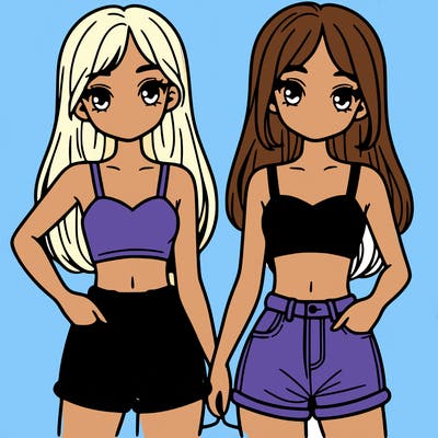 two sisters with crop tops and jean shorts and straight hair