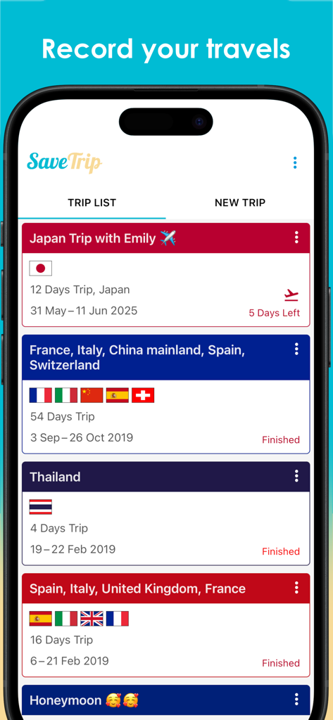 SaveTrip - SaveTrip 앱 인터페이스에 국가 깃발과 여행 날짜가 포함된 체계적인 여행 일정 목록이 표시됩니다