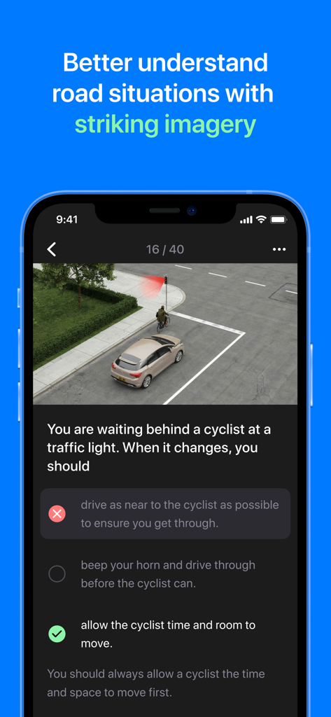 Driving Theory Test Genie™ - Aplicación Driving Theory Test Genie que muestra una pregunta de práctica sobre seguridad vial con un ciclista