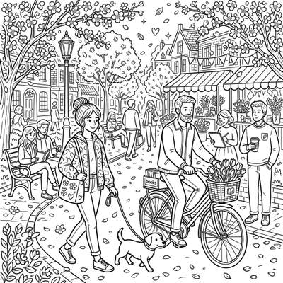 Immerse yourself in the lively atmosphere of a spring day with this charming street photography coloring page. Discover bustling city life, blooming trees, and delightful details waiting for your creative touch.