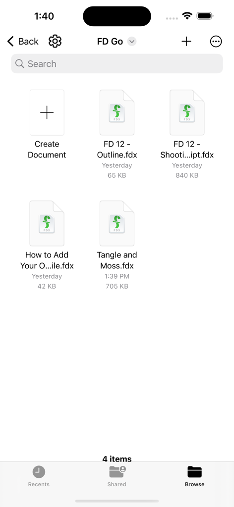 Final Draft Go app interface showing a list of script files in the browser view