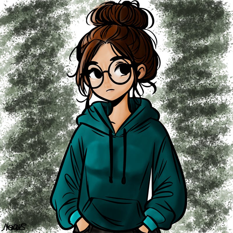 teen girl with a messy bun and glasses wearing a loose hoodie and jeans