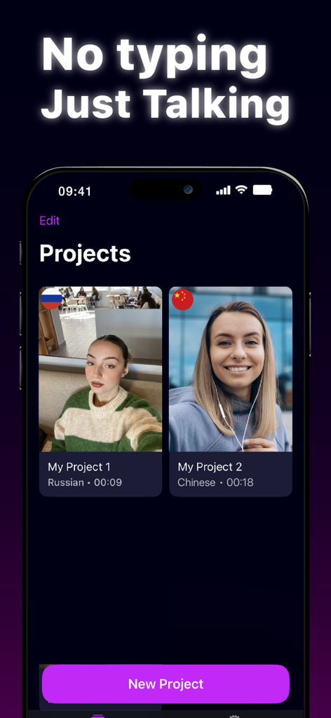 AiDub App-Oberfläche zeigt ein Dashboard mit Videoübersetzungsprojekten in verschiedenen Sprachen wie Russisch und Chinesisch