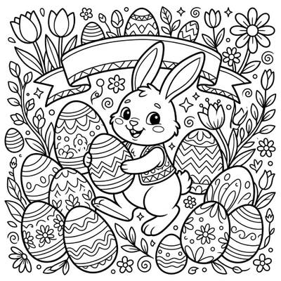 Celebrate the joy of Easter with this delightful coloring page featuring a sweet Easter Bunny nestled among a bounty of exquisitely decorated eggs. Surrounded by blooming spring flowers and fresh leaves, this design offers a perfect blend of festive charm and artistic detail.