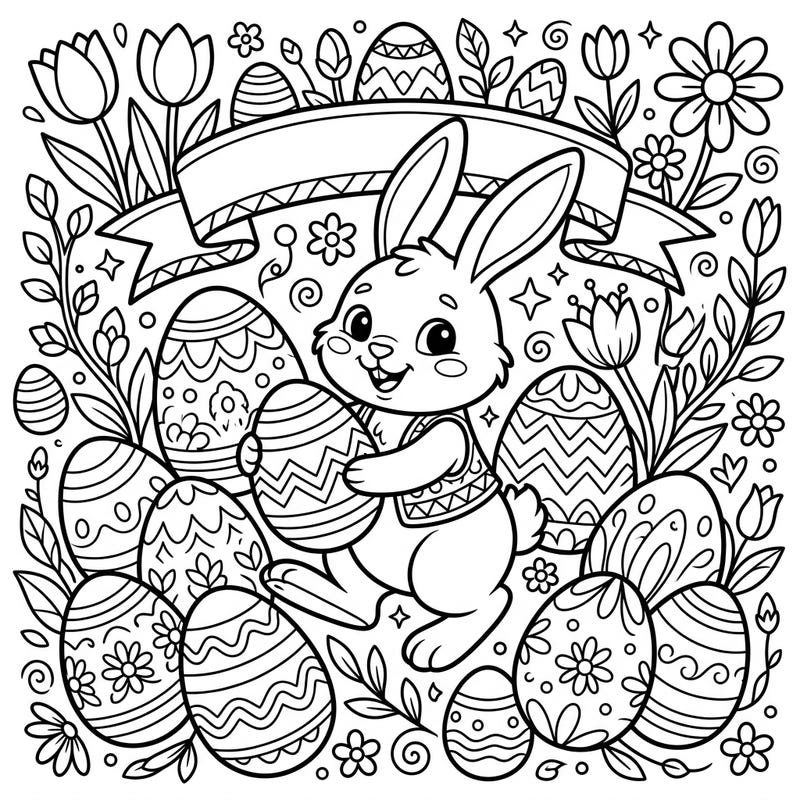 Celebrate the joy of Easter with this delightful coloring page featuring a sweet Easter Bunny nestled among a bounty of exquisitely decorated eggs. Surrounded by blooming spring flowers and fresh leaves, this design offers a perfect blend of festive charm and artistic detail.