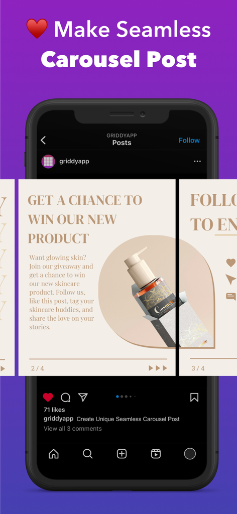 Griddy app interface showing how to create a seamless Instagram carousel post for a brand