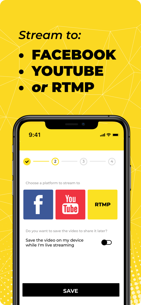 SportCam - Video & Scoreboard - Interfaccia di SportCam per la scelta di piattaforme di streaming live come Facebook, YouTube e RTMP.