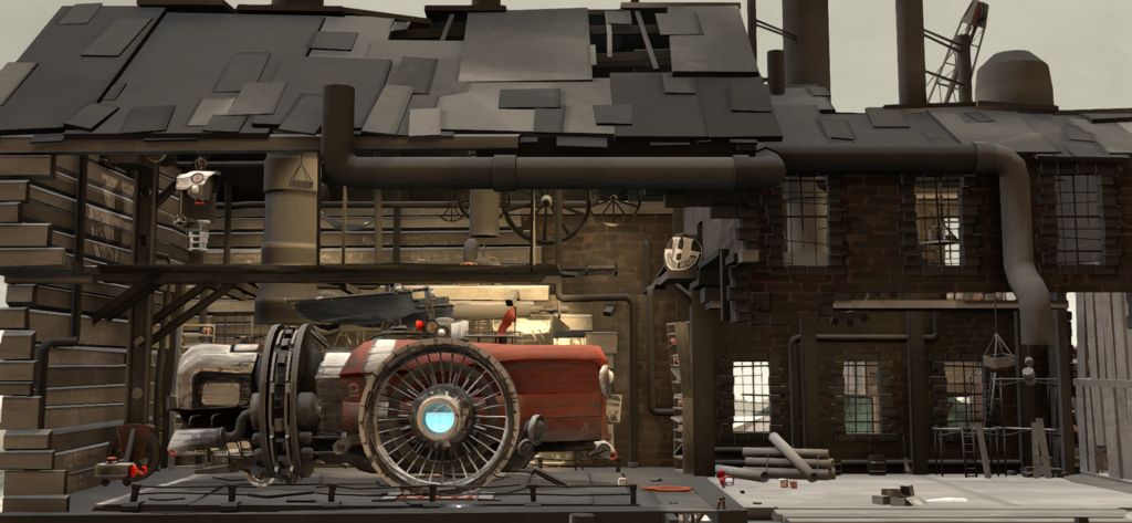 FAR: Lone Sails - Ein rotes Steampunk-Gefährt in einer großen industriellen Werkstatt