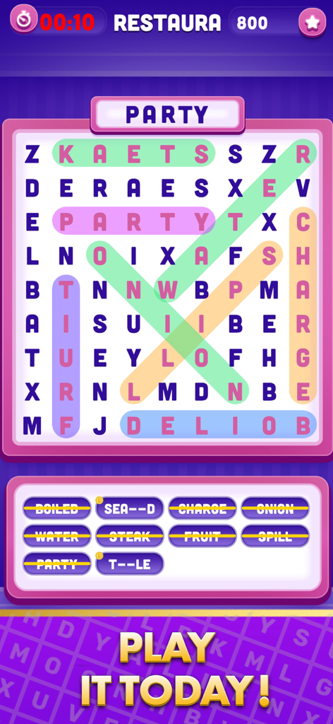 Word Search Real Money Rewards - In-game screenshot of a word search puzzle with highlighted words and a countdown timer.