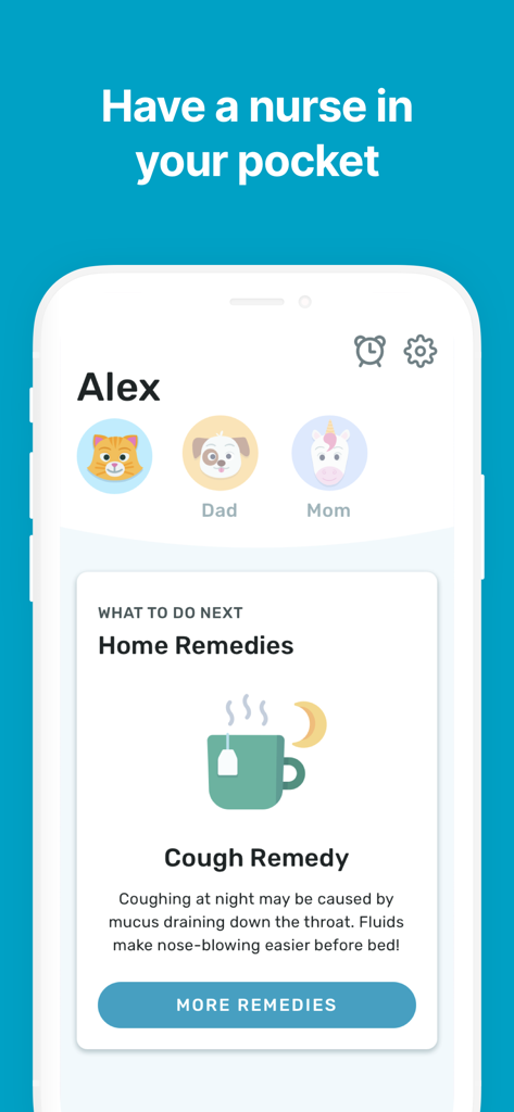 Kinsa app interface displaying family profiles and personalized home remedy advice for cough symptoms.